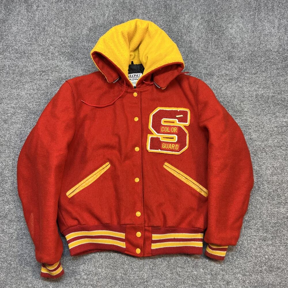 Vintage DeLong Jacket Women 38 Red Wool Varsity Letterman Hooded Color Guard USA